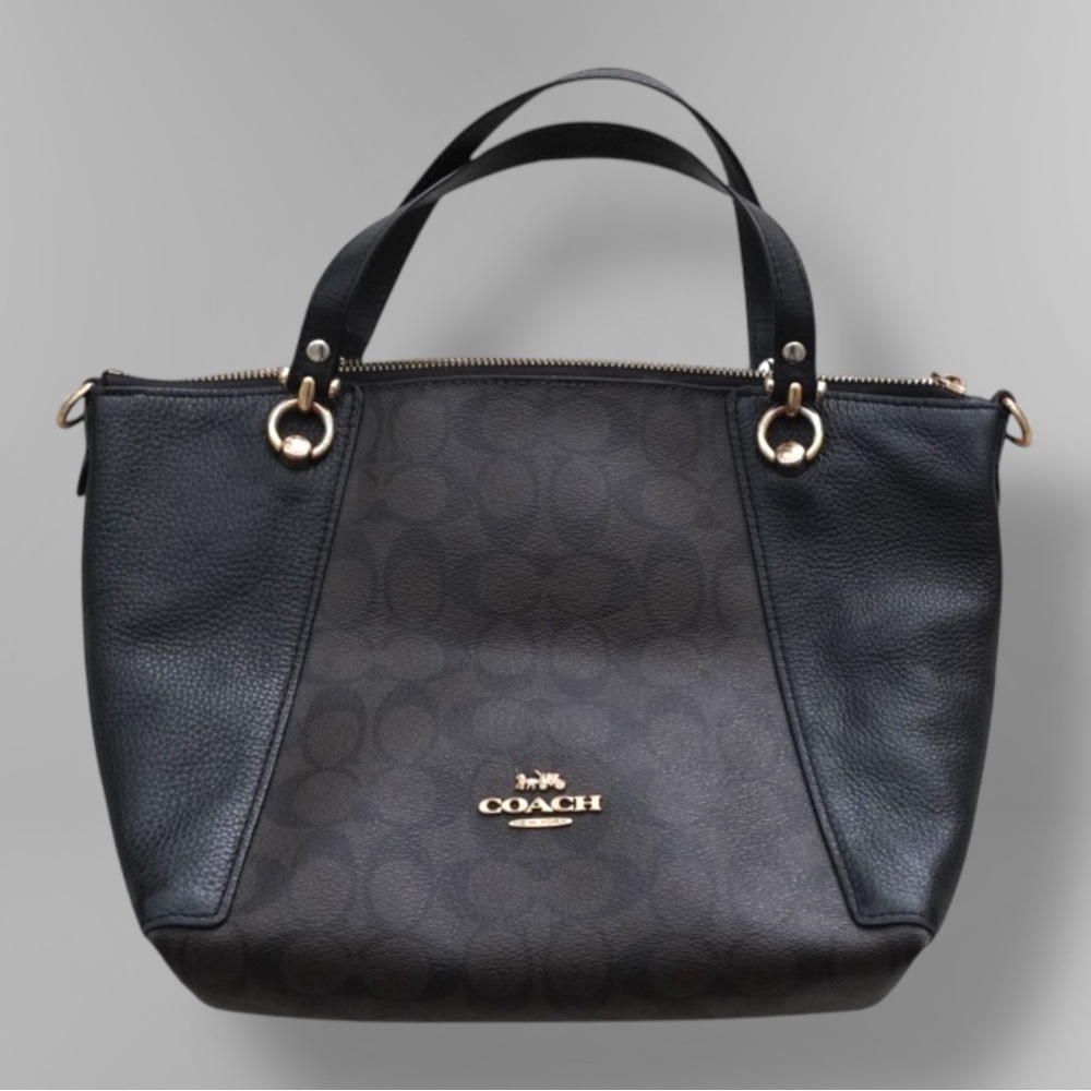 Coach Kacey Satchel Signature C Canvas Brown Black Leather Trim Designer Handbag